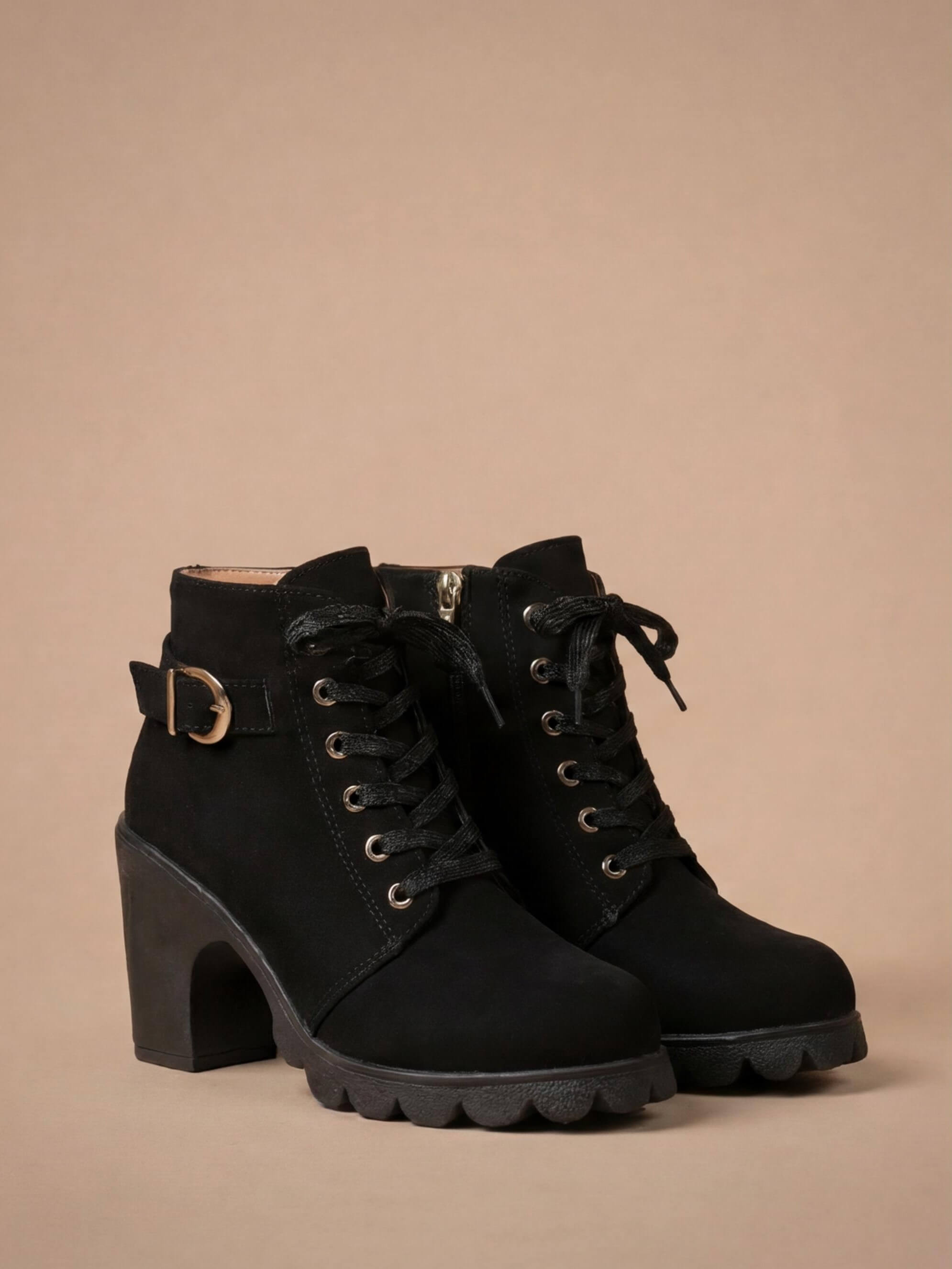 Margo & Main – Black lace-up lug sole ankle boots angled pair view, US women's sizes