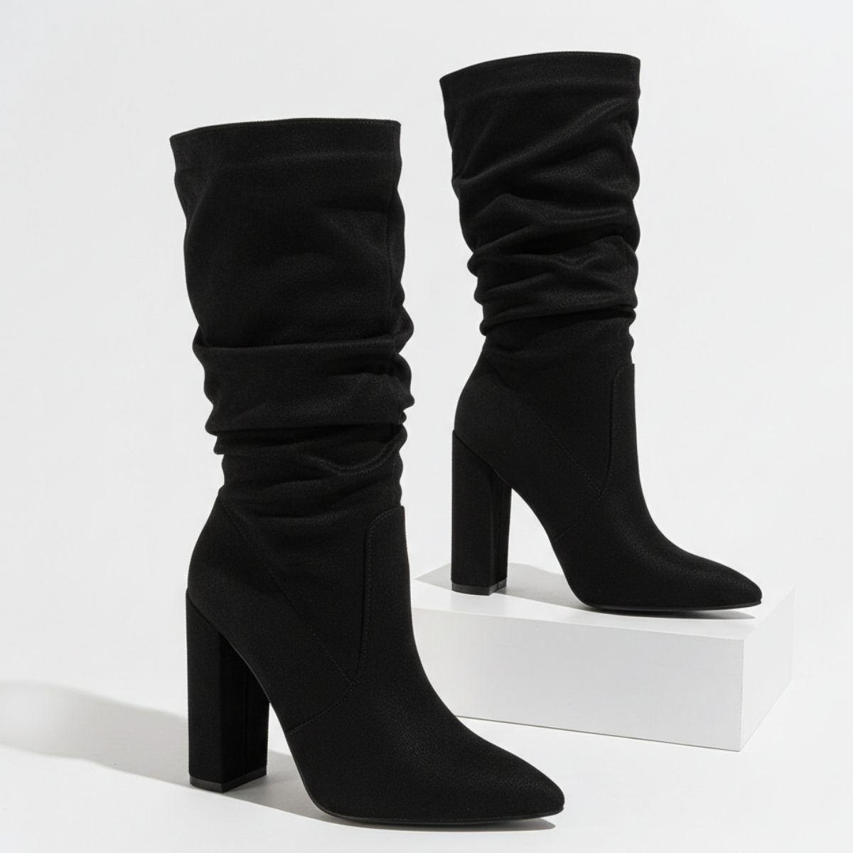 Margo & Main - black slouch knee-high boots, angled pair view on heel, US women's sizes