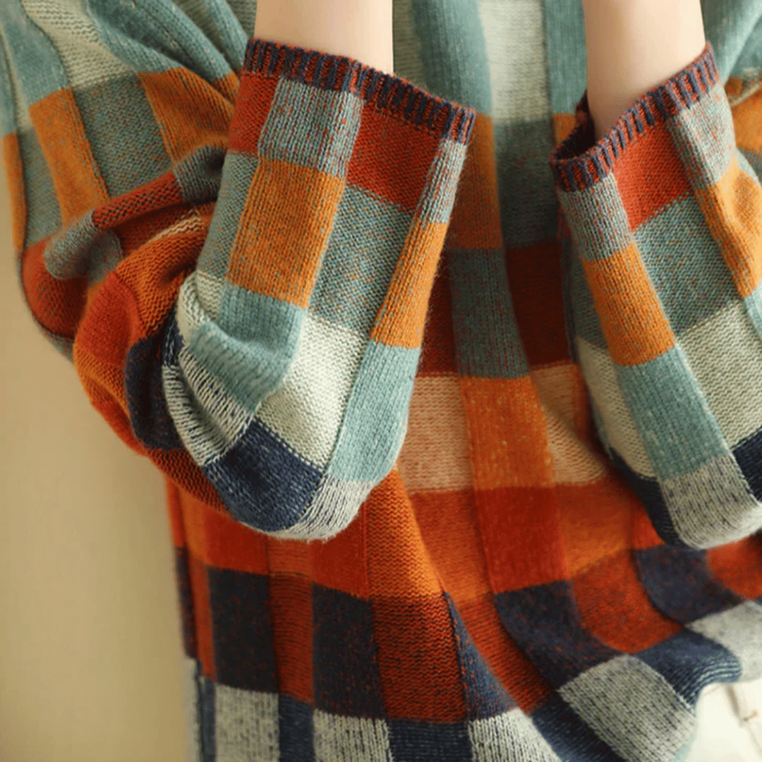 Margo & Main - patchwork knit sweater, ribbed cuffs and check pattern, US women's sizes