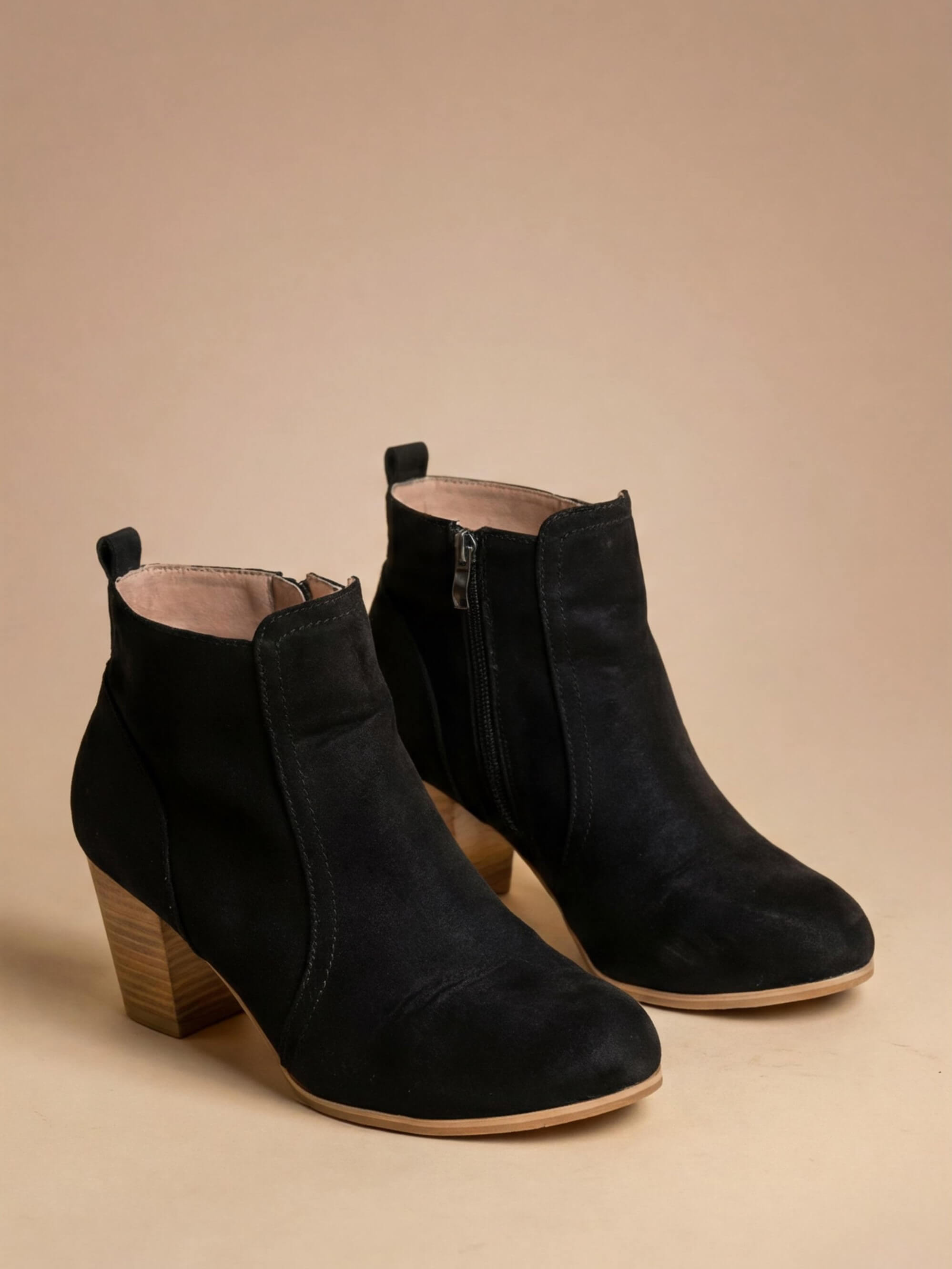 Margo & Main – Black suede block heel ankle boots angled pair view, US women's sizes