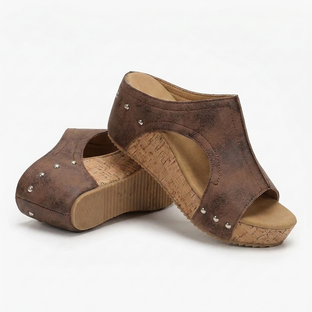 Margo & Main - brown studded cork wedge slide sandals angled pair, US women's sizes