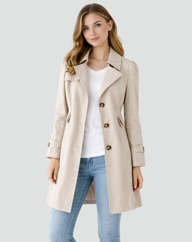 Margo & Main - beige trench coat, notched lapel collar close up, US women's sizes