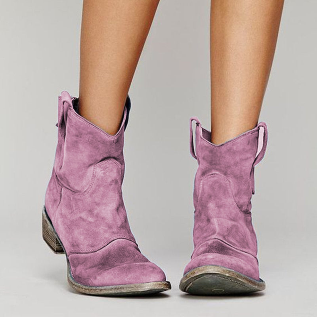 Margo & Main – mauve suede western ankle booties, pull tab and shaft detail, US women's sizes