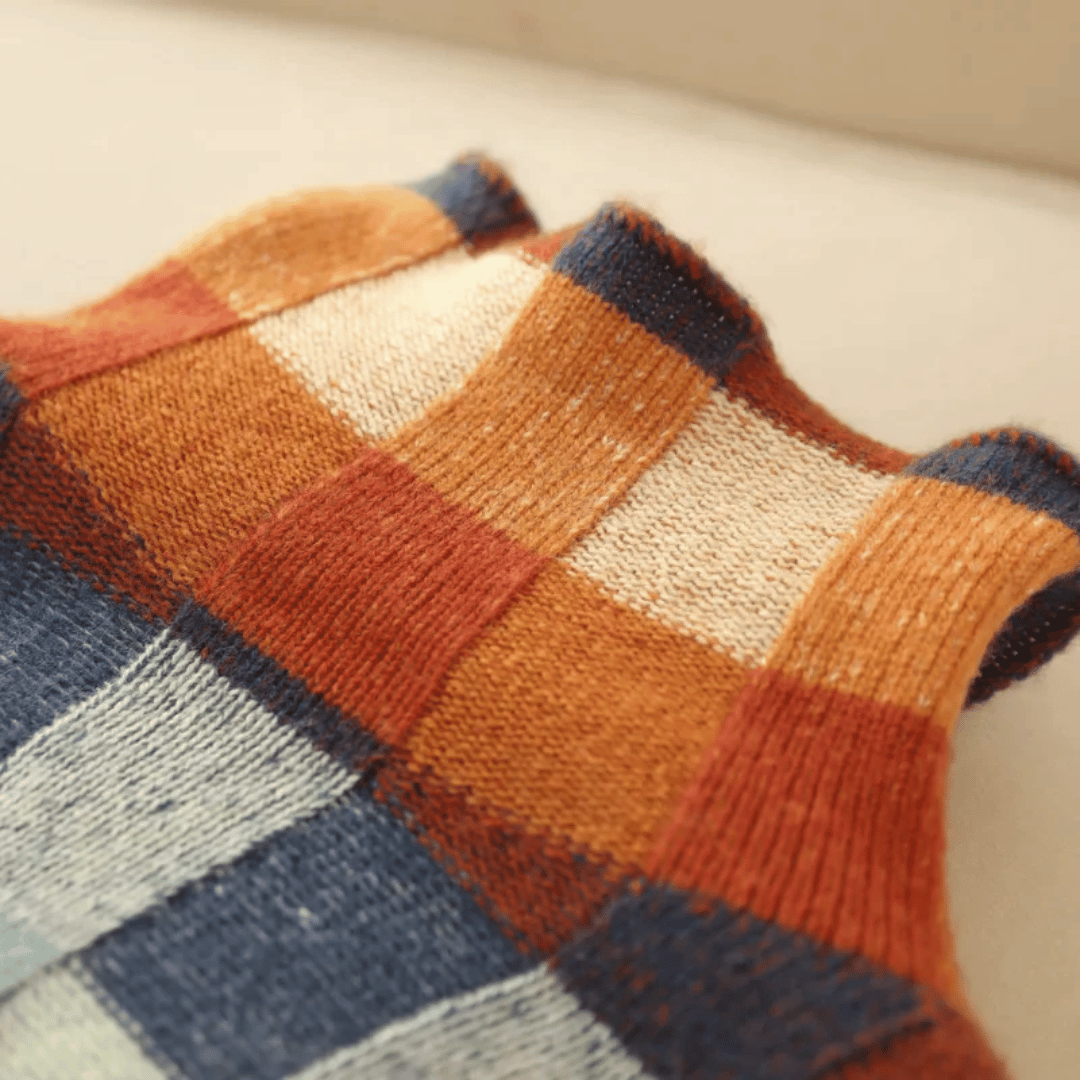 Margo & Main - patchwork check sweater shown flat, folded turtleneck, US women's sizes