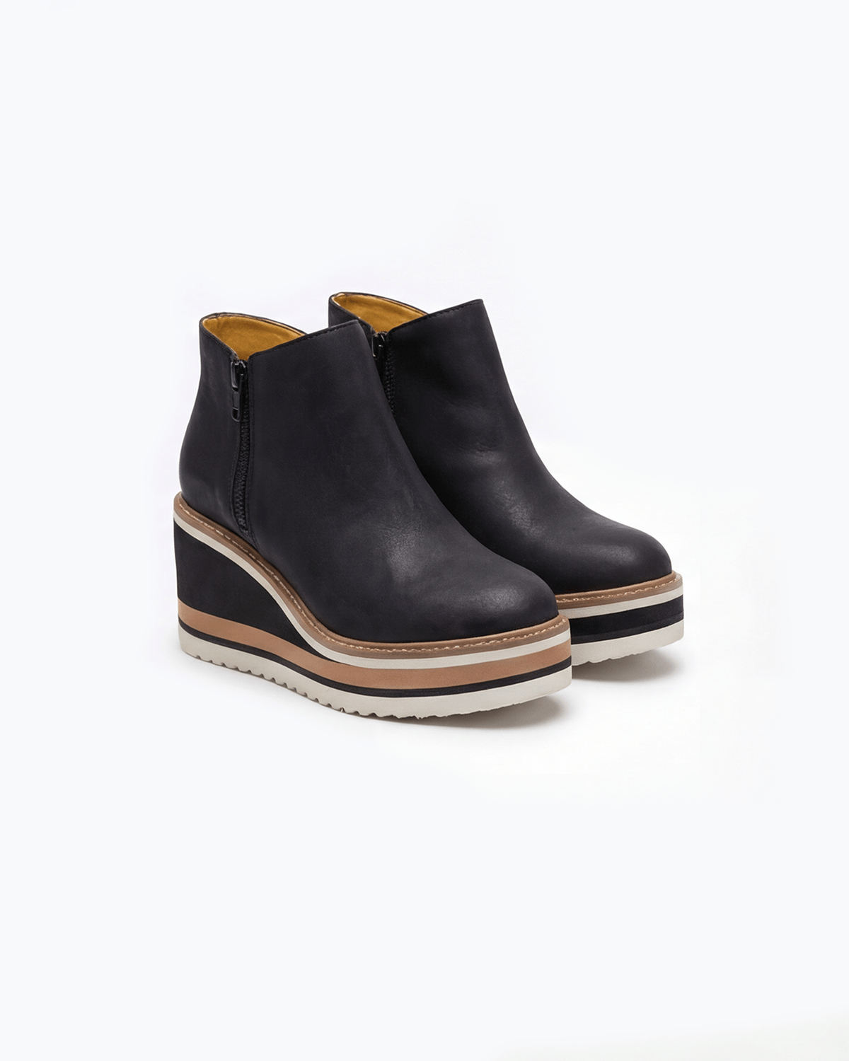 Margo & Main – Black platform wedge ankle boots angled pair view, US women's sizes