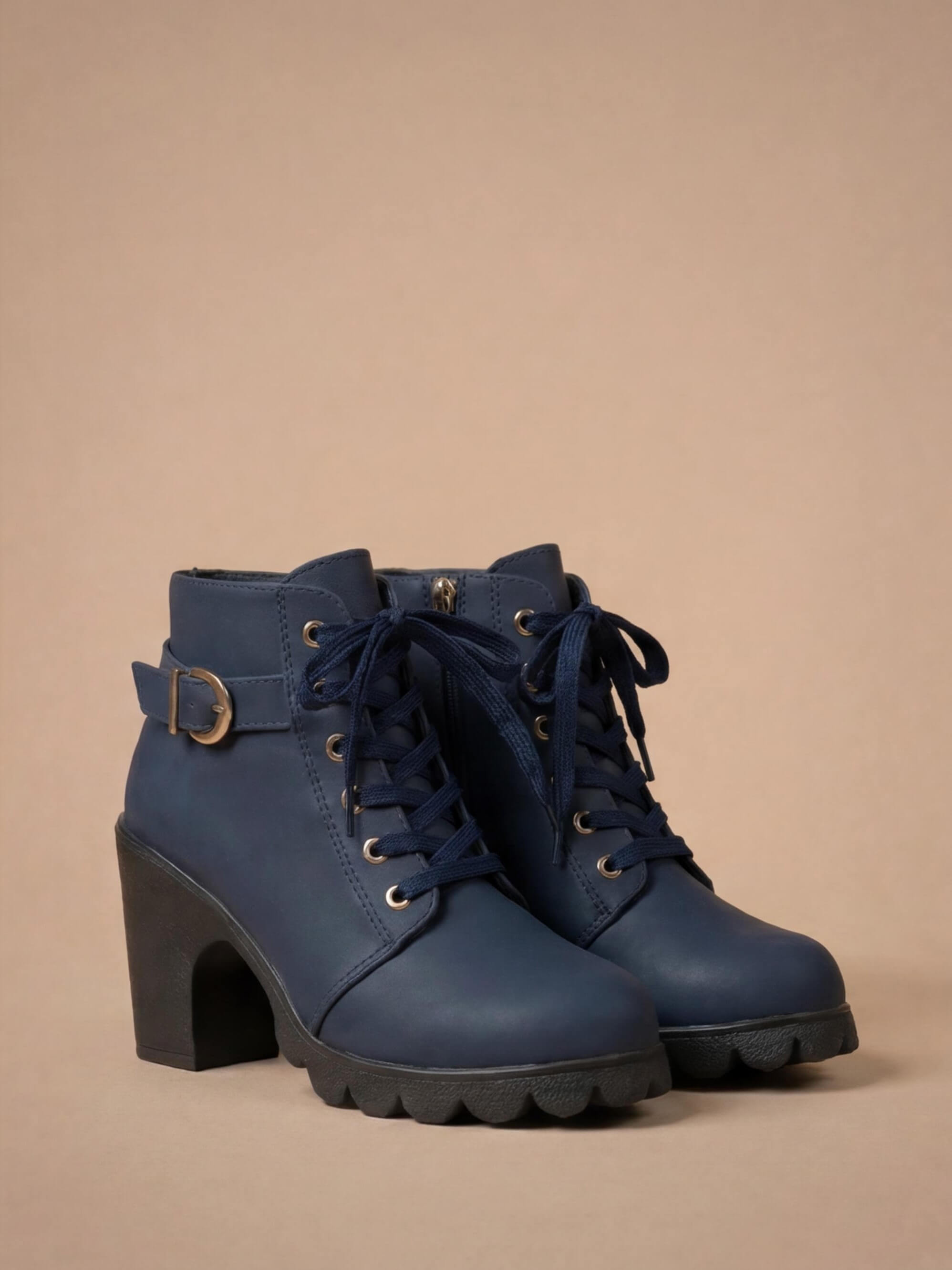 Margo & Main – Navy lace-up lug sole ankle boots angled pair view, US women's sizes