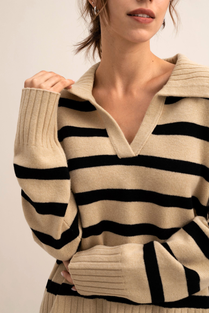Margo & Main – camel striped collared V-neck sweater fabric and texture detail, US women's sizes