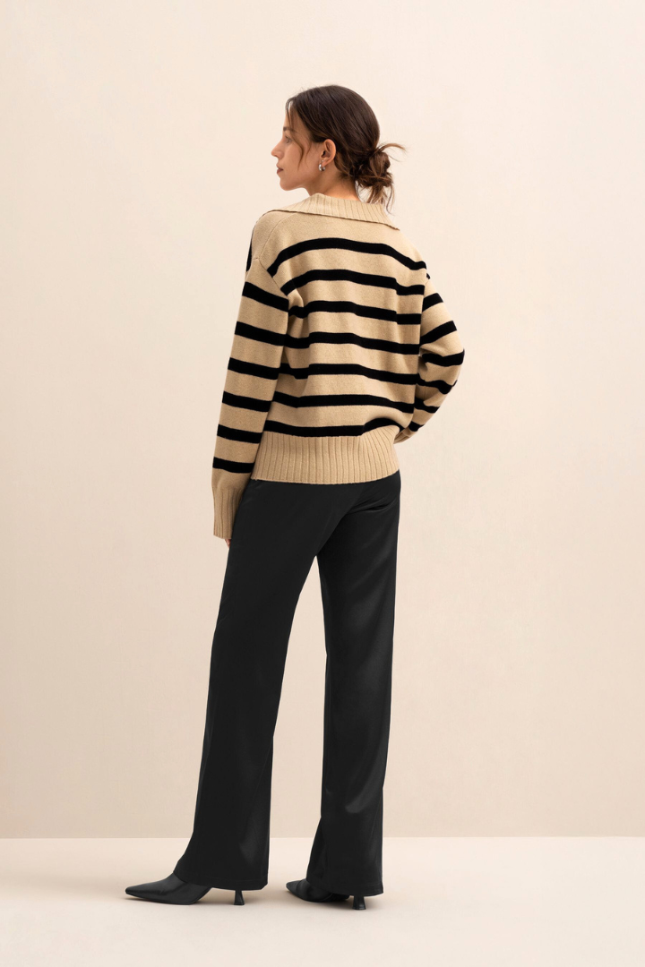 Margo & Main – camel striped collared V-neck sweater neckline and sleeve detail, US women's sizes