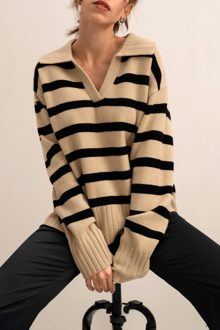Margo & Main – camel striped collared V-neck sweater back view, US women's sizes