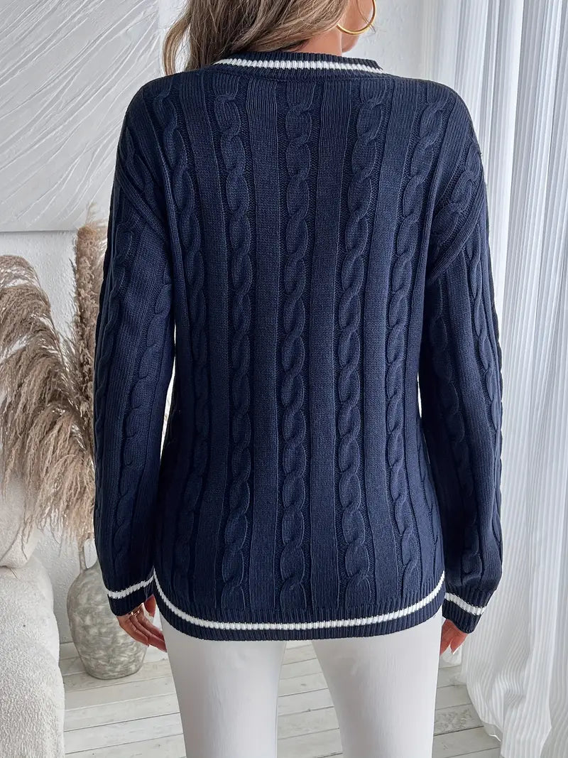 Margo & Main – Navy cable knit V-neck sweater, back view on model, US women's sizes