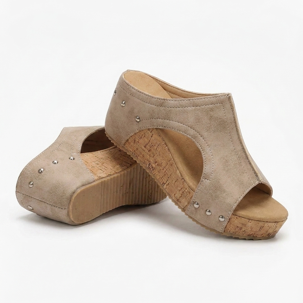 Margo & Main - beige studded cork wedge slide sandals angled pair, US women's sizes