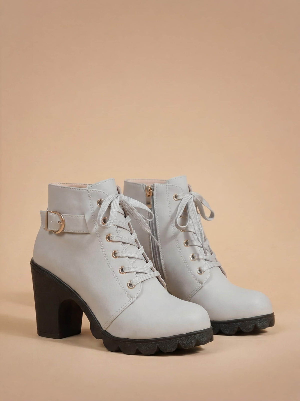 Margo & Main – Gray lace-up lug sole ankle boots angled pair view, US women's sizes