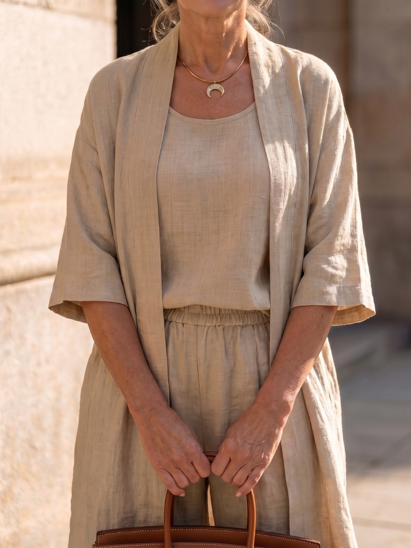 Margo & Main – Yael beige tank and open duster layered, worn torso close-up, US women's sizes