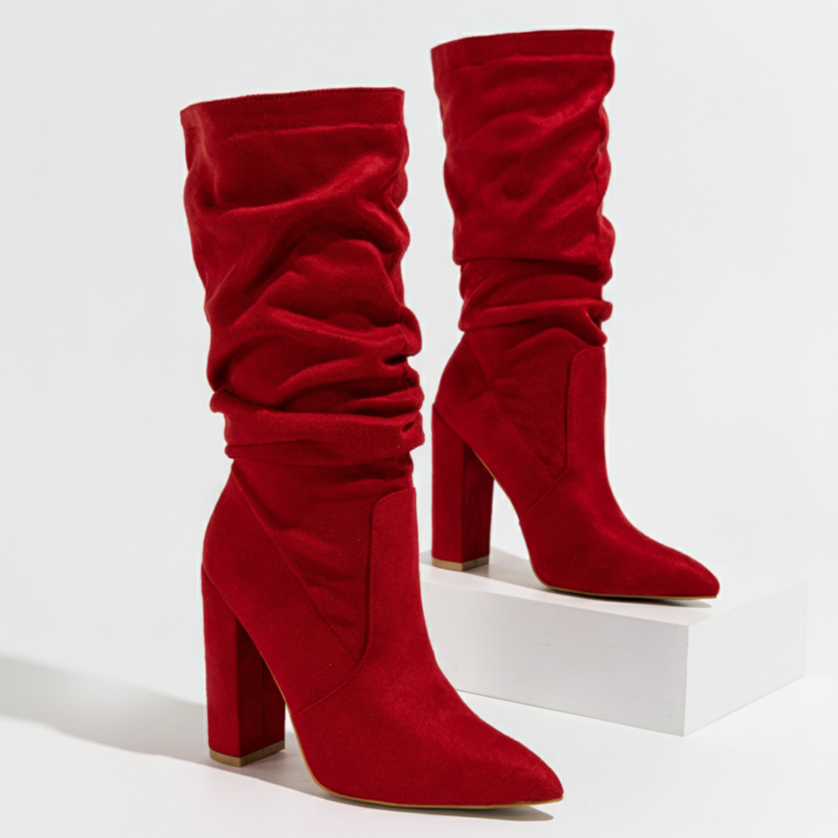 Margo & Main - red slouch knee-high boots, front pair view on block heel, US women's sizes