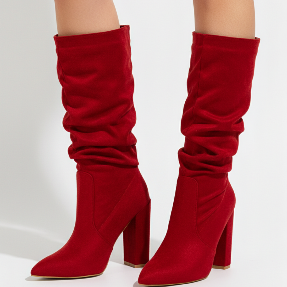 Margo & Main - red slouch knee-high boots worn, pointed toe front view, US women's sizes