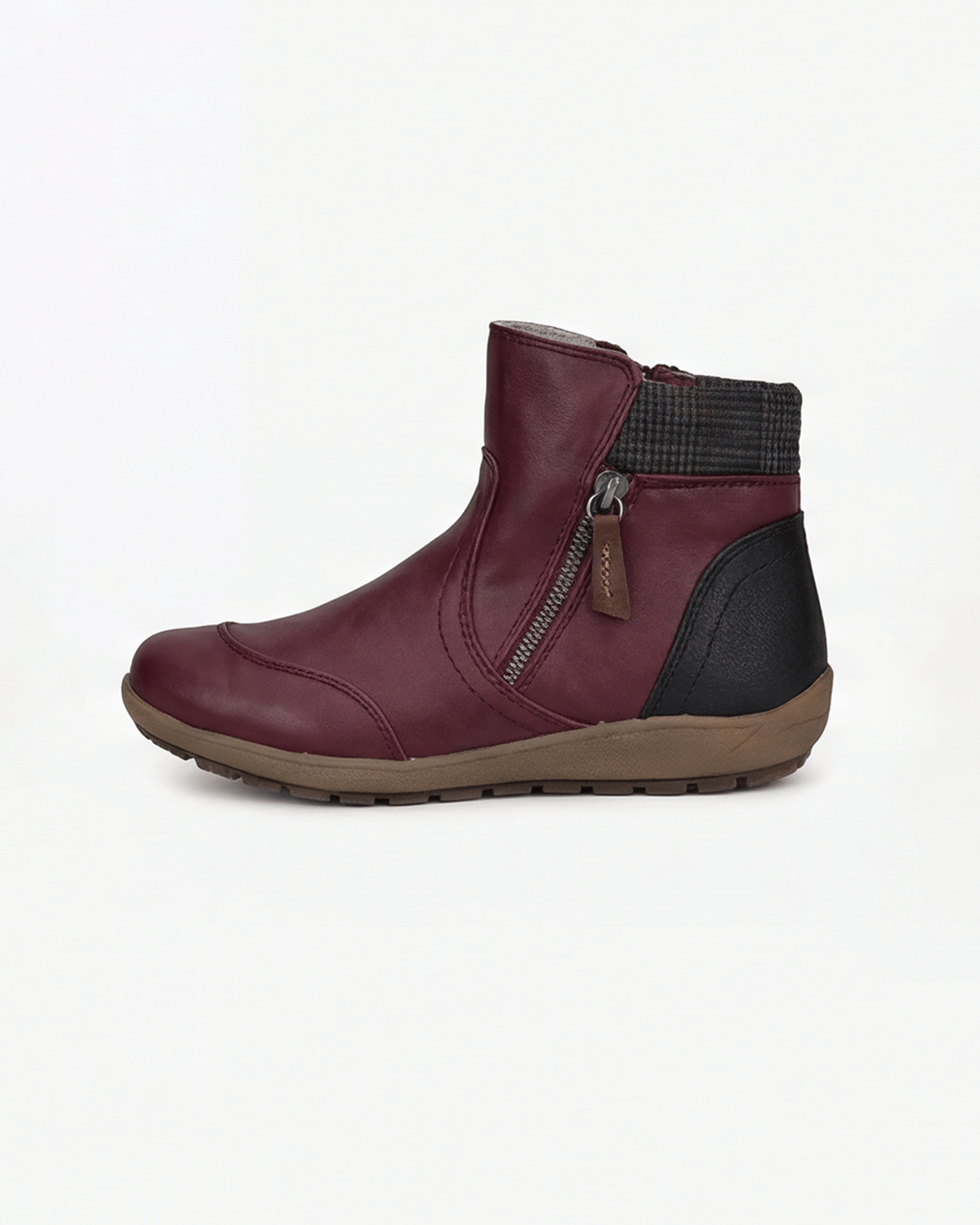Margo & Main – Burgundy flat knit-collar ankle boots side profile, US women's sizes