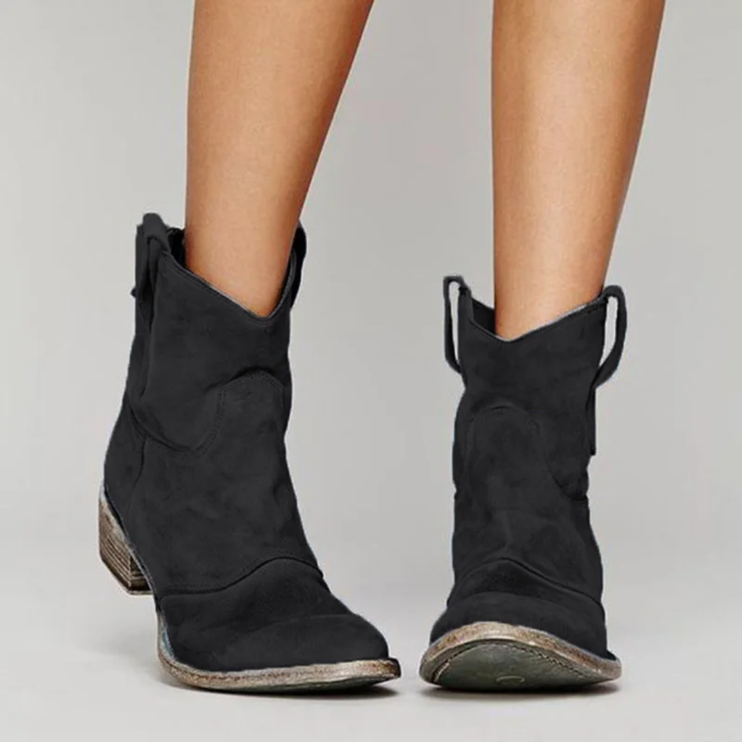 Margo & Main – black suede western ankle booties, low stacked heel detail, US women's sizes