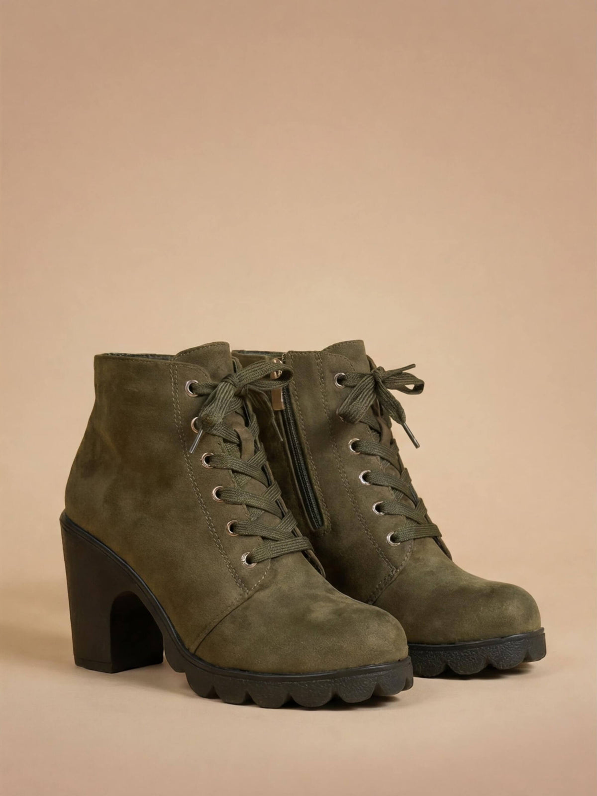 Margo & Main – Olive lace-up lug sole ankle boots angled pair view, US women's sizes