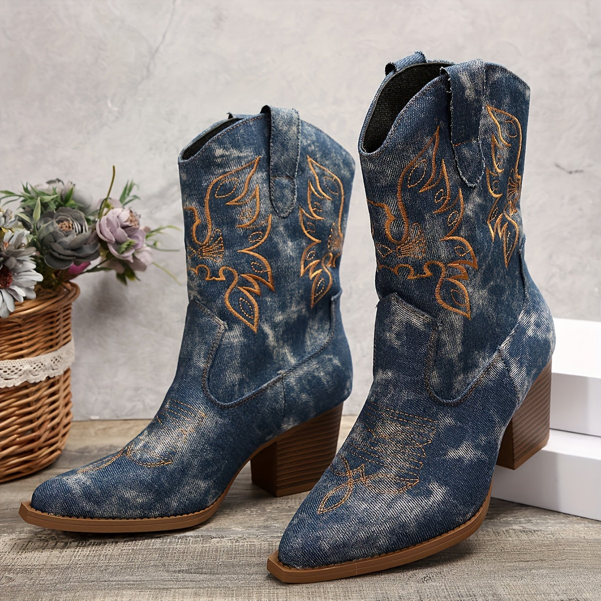 Margo & Main – blue denim western mid calf boots angled pair product view, US women's sizes