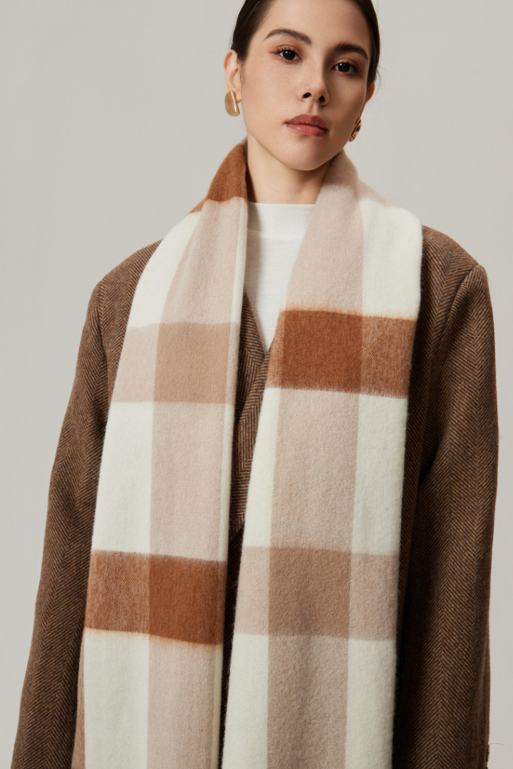 Margo & Main - caramel checked wool scarf, close detail of the large camel check, one size