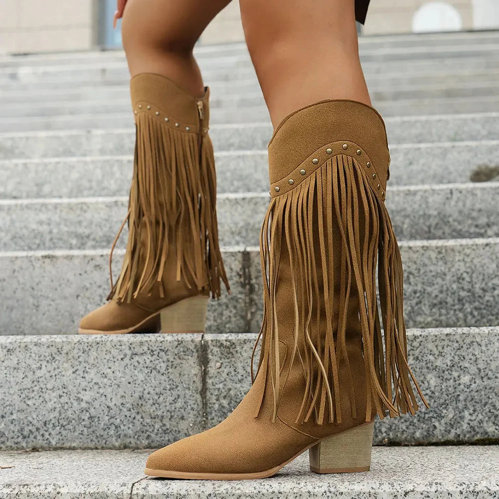Margo & Main – brown fringe mid-calf western boots, full front view, US women's sizes