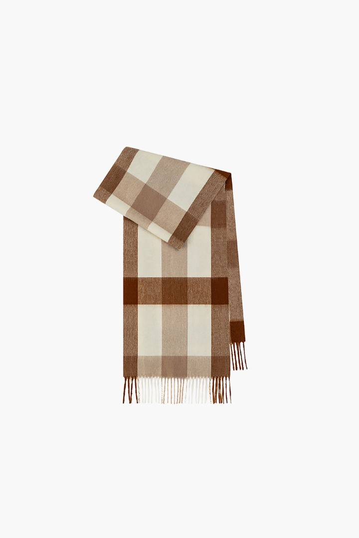 Margo & Main - caramel checked wool scarf folded flat with fringed ends shown, one size