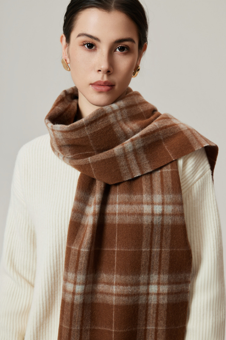 Margo & Main - chestnut checked wool scarf, close detail of the brown plaid weave, one size