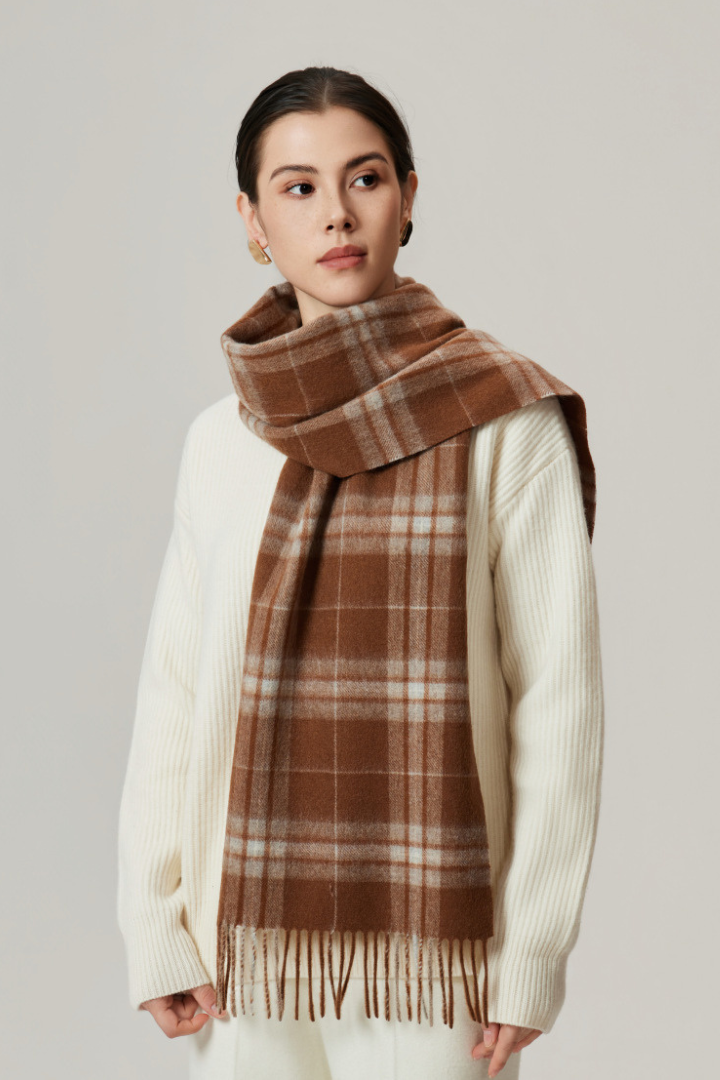 Margo & Main - chestnut checked wool scarf for women worn long over a cream sweater, one size