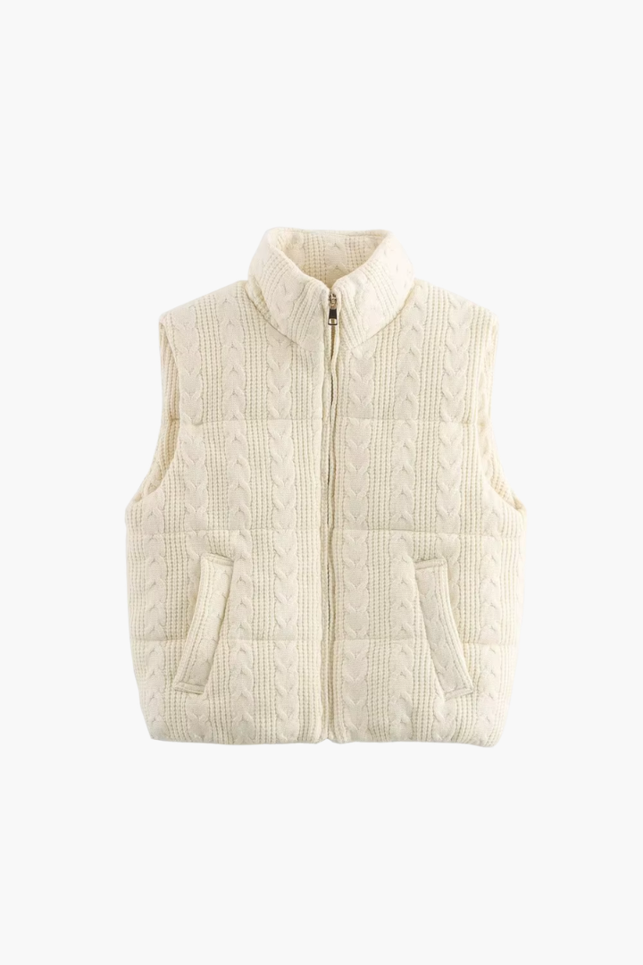 Margo & Main – Vigdis cream cable-knit quilted puffer vest, flat product shot front with zip closure and side pockets, US women's sizes