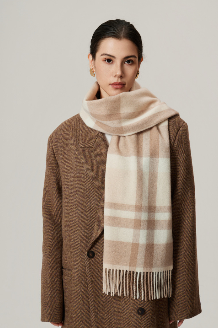 Margo & Main - sandstone checked wool scarf for women, front view over a brown coat, one size