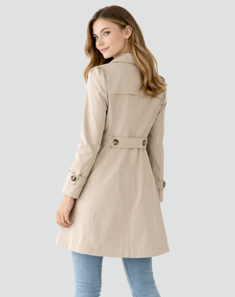 Margo & Main - tan trench coat, back view with waist tab detail, US women's sizes