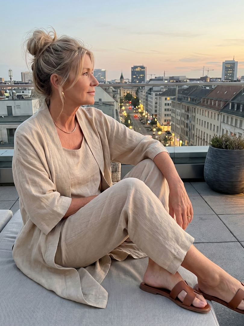 Margo & Main – Yael beige duster pant set worn seated outdoors, fabric drape, US women's sizes