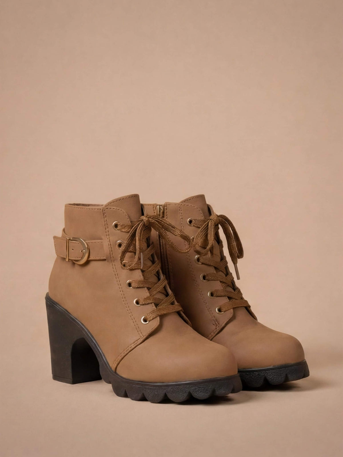 Margo & Main – Brown lace-up lug sole ankle boots angled pair view, US women's sizes