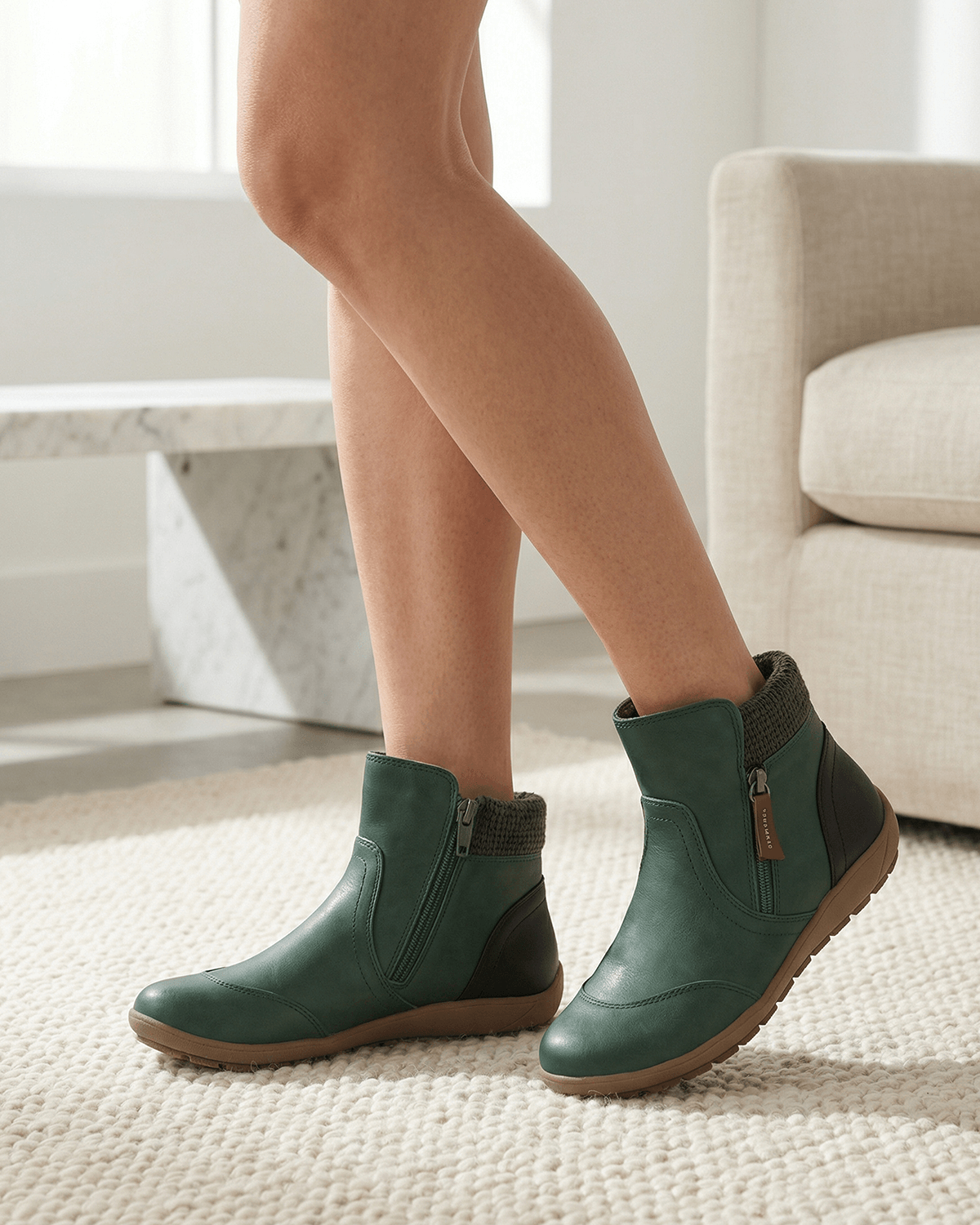 Margo & Main – Green flat knit-collar ankle boots worn on model at home, US women's sizes