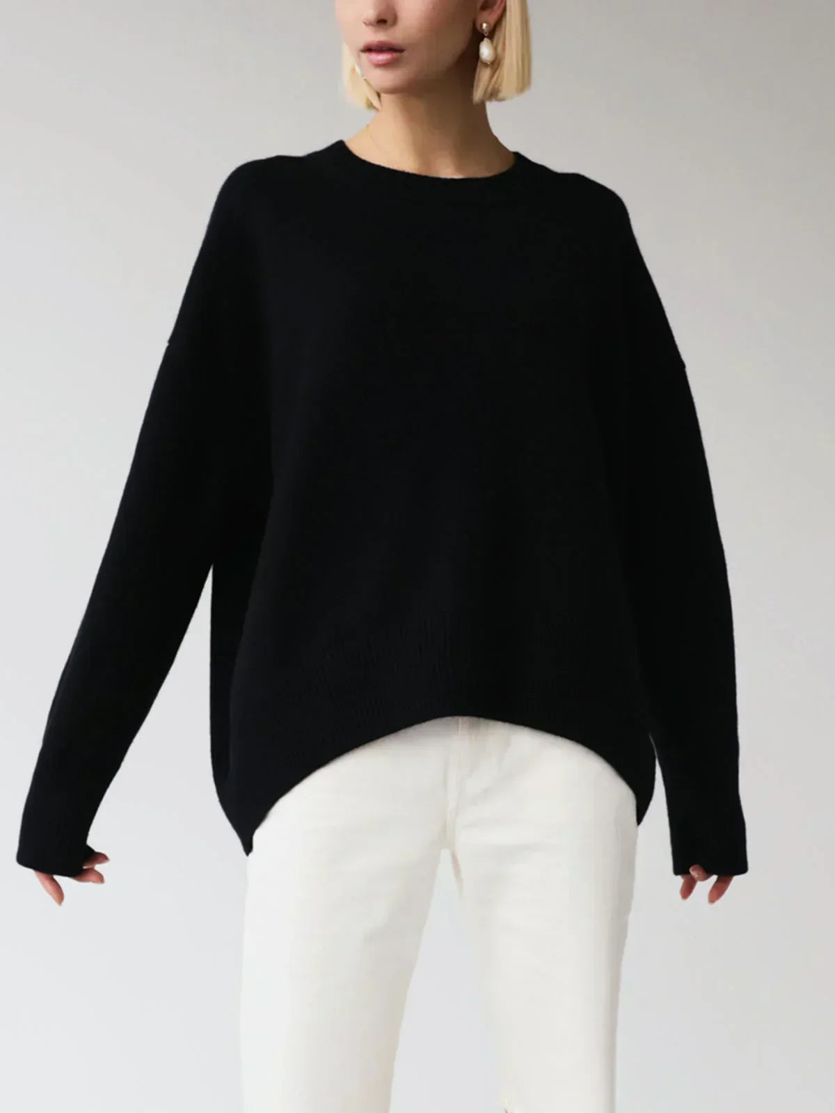 Margo & Main - black oversized soft knit sweater worn styling view, US women's sizes