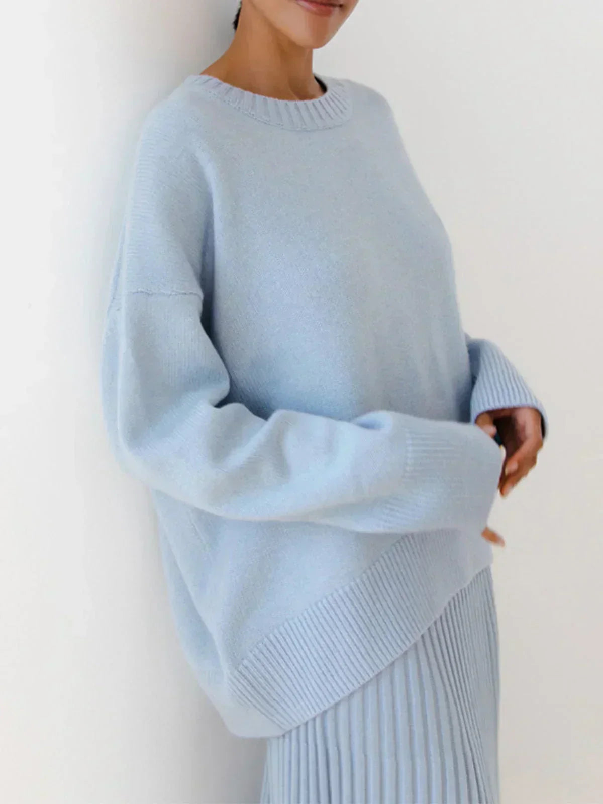 Margo & Main - sky blue oversized knit crew neck sweater front view, US women's sizes