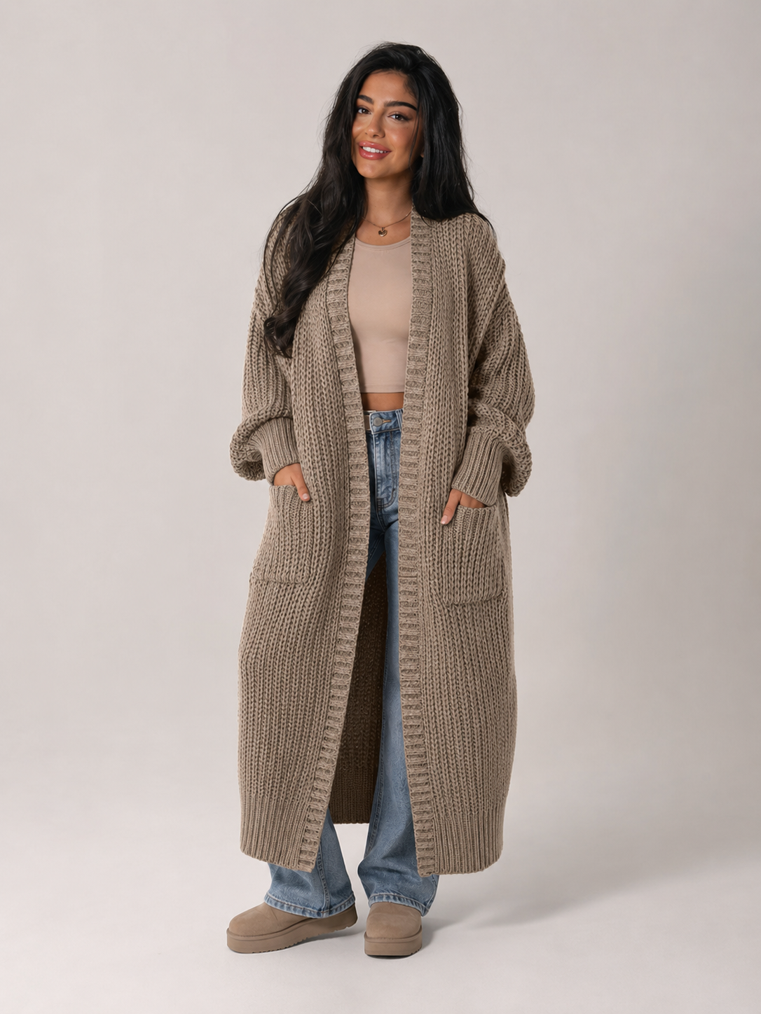 Margo & Main - brown chunky knit duster cardigan, full front view, US women's sizes
