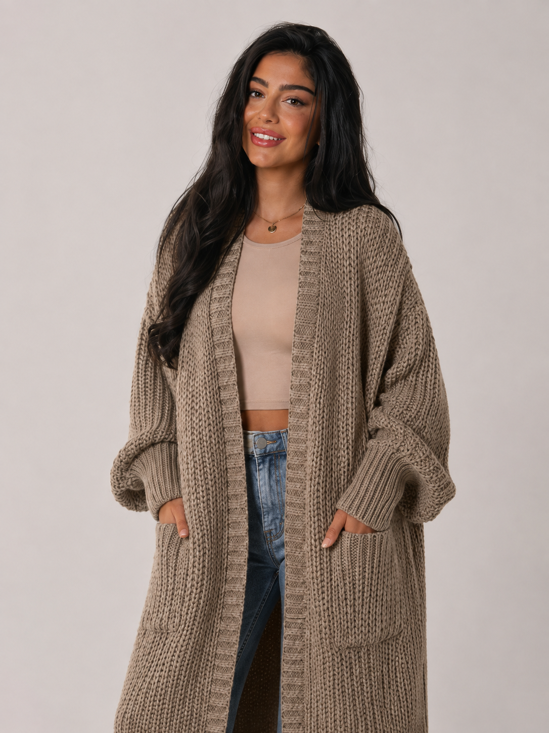 Margo & Main - brown knit duster cardigan styled with denim, US women's sizes