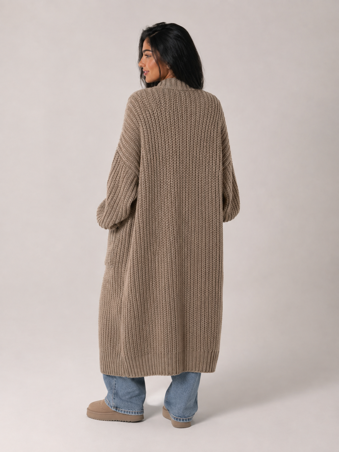Margo & Main - brown chunky knit duster cardigan, full back view, US women's sizes