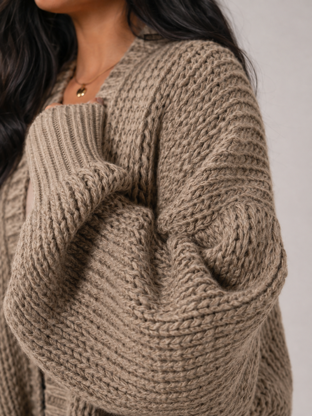 Margo & Main - brown knit cardigan, chunky rib stitch texture detail, US women's sizes