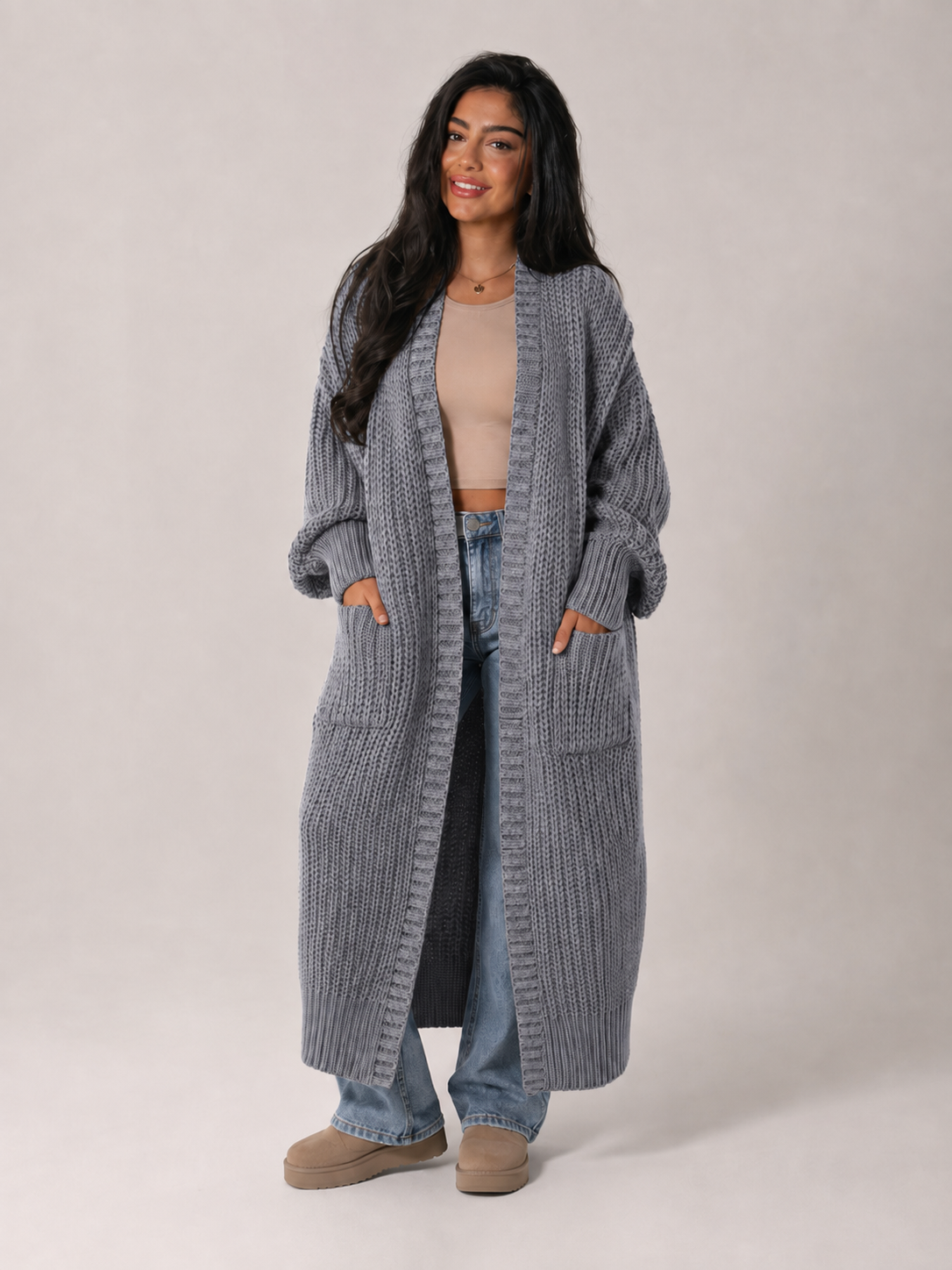 Margo & Main - gray chunky knit duster cardigan worn over jeans, US women's sizes