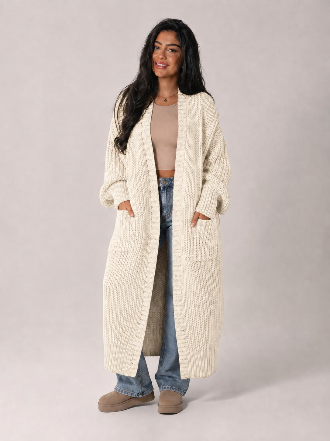 Margo & Main - cream chunky knit duster cardigan, full length drape, US women's sizes
