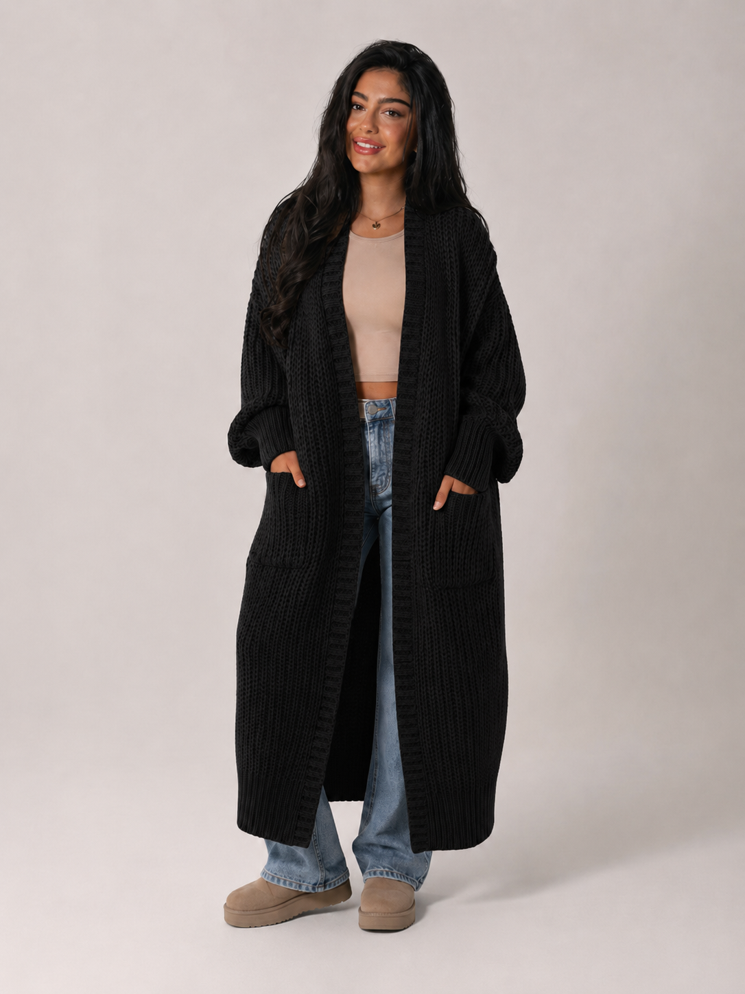 Margo & Main - black chunky knit duster cardigan shown open front, US women's sizes