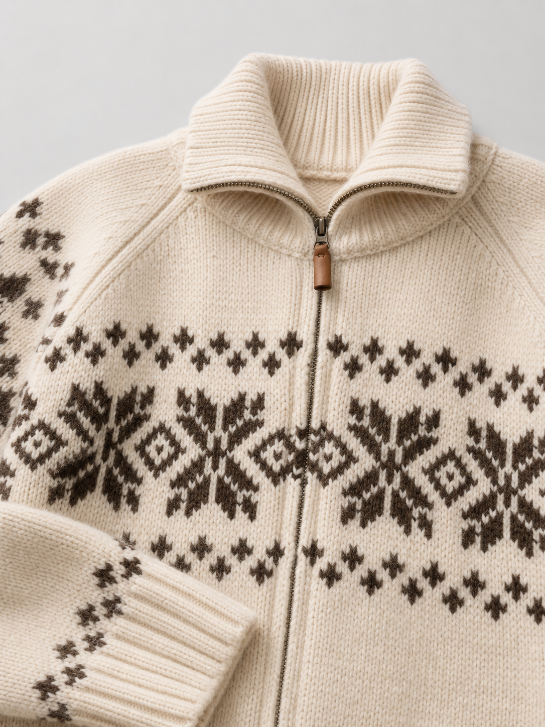 Margo & Main – beige Fair Isle zip cardigan close-up of the zip and collar, US women's sizes