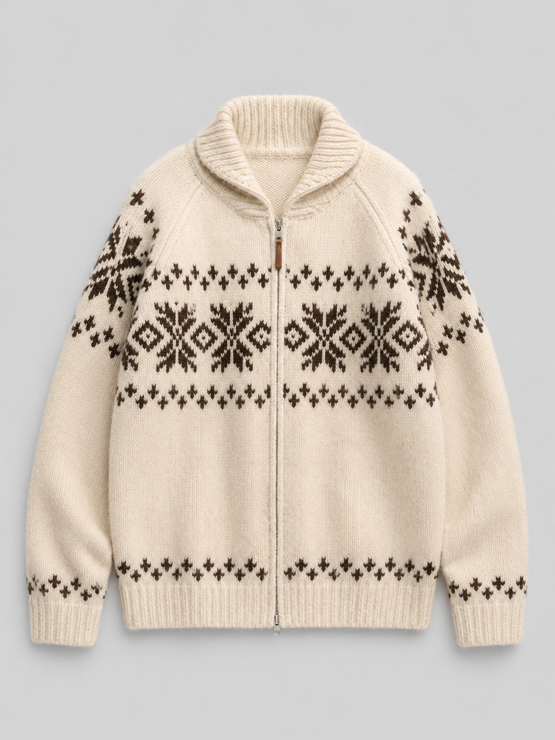 Margo & Main – beige Fair Isle zip cardigan flat front with stand collar, US women's sizes