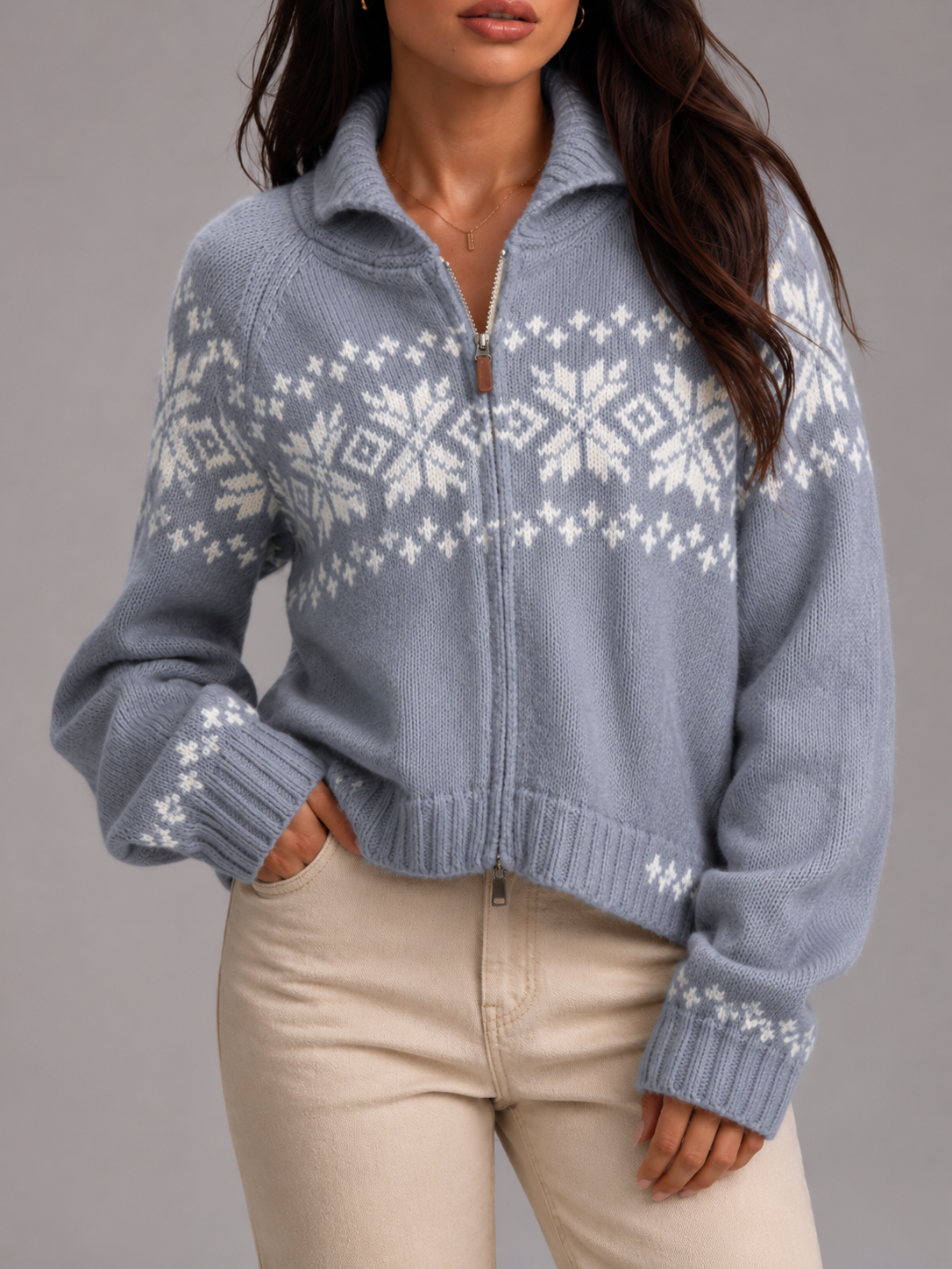 Margo & Main – light blue Fair Isle zip cardigan front view on model, US women's sizes