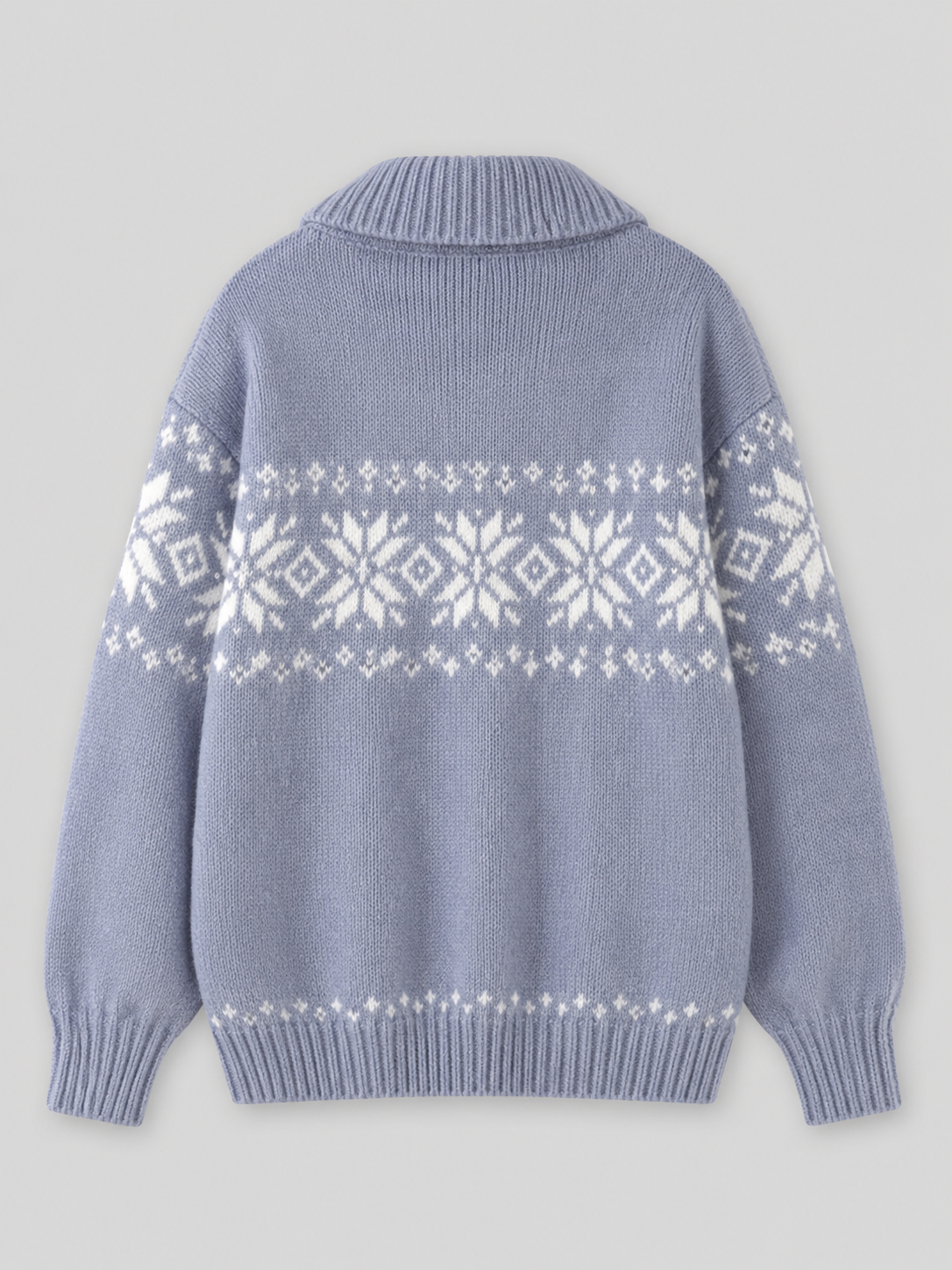 Margo & Main – light blue Fair Isle zip cardigan flat back view, US women's sizes