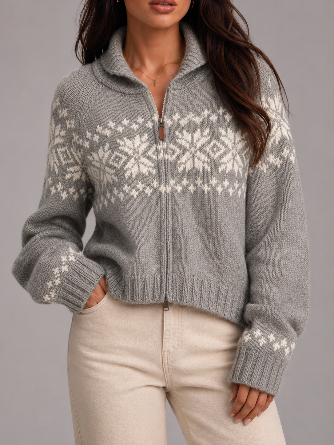 Margo & Main – gray Fair Isle zip cardigan worn with cream denim jeans, US women's sizes