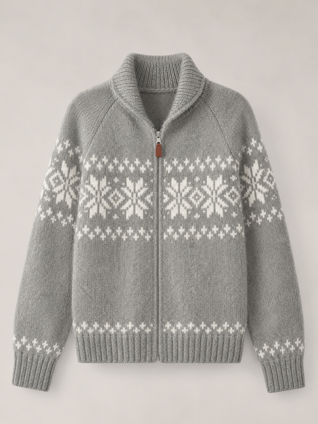 Margo & Main – gray Fair Isle zip cardigan flat front with ribbed hem, US women's sizes
