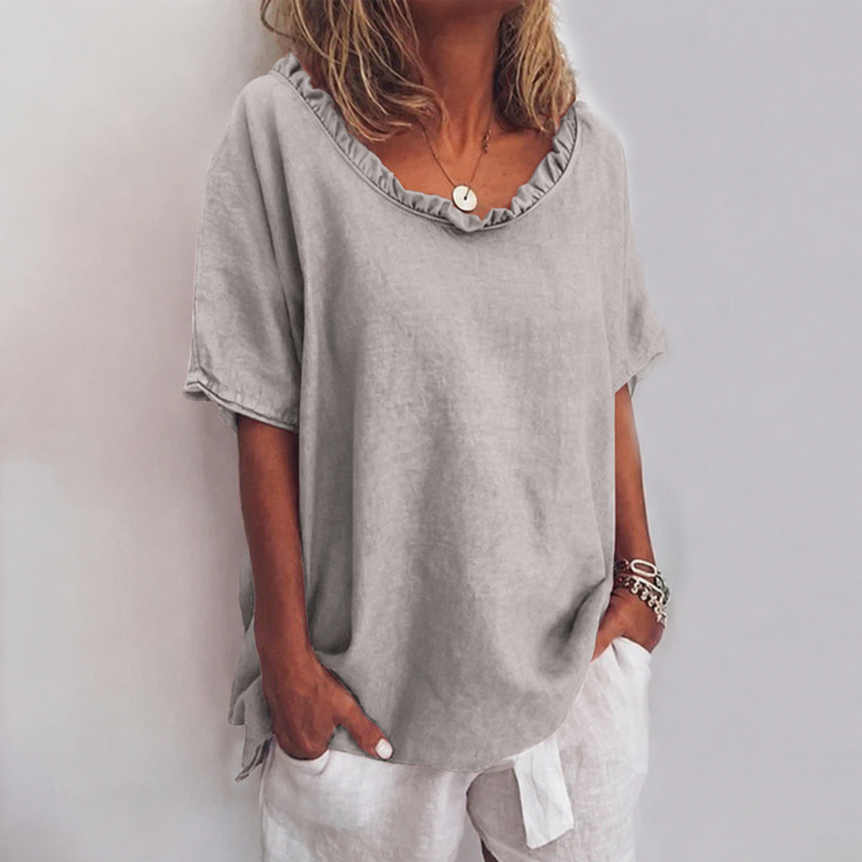 Celeste Ruffle Neck Linen Blouse